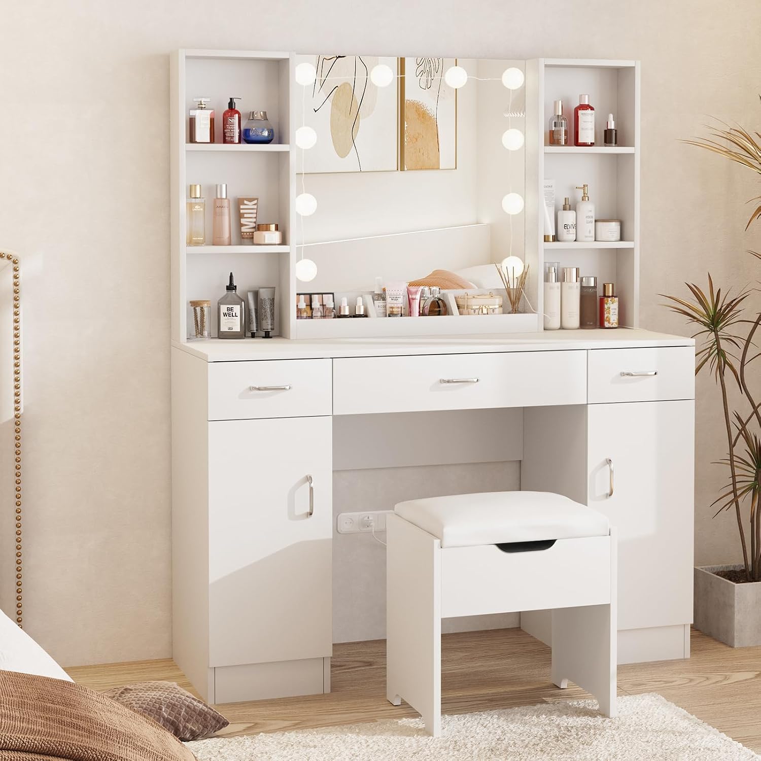 Beauty Makeup Table - Schminktisch mit Beleuchtetem Spiegel, Weißes Schminktisch-Set