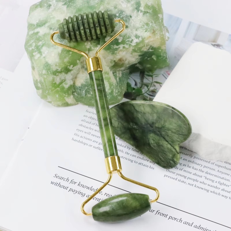 Jade Roller Gua Sha - Jade-Spike-Roller & Gua-Sha-Set Naturstein Anti-Ermüdungs-Gesichtsmassagegerät für