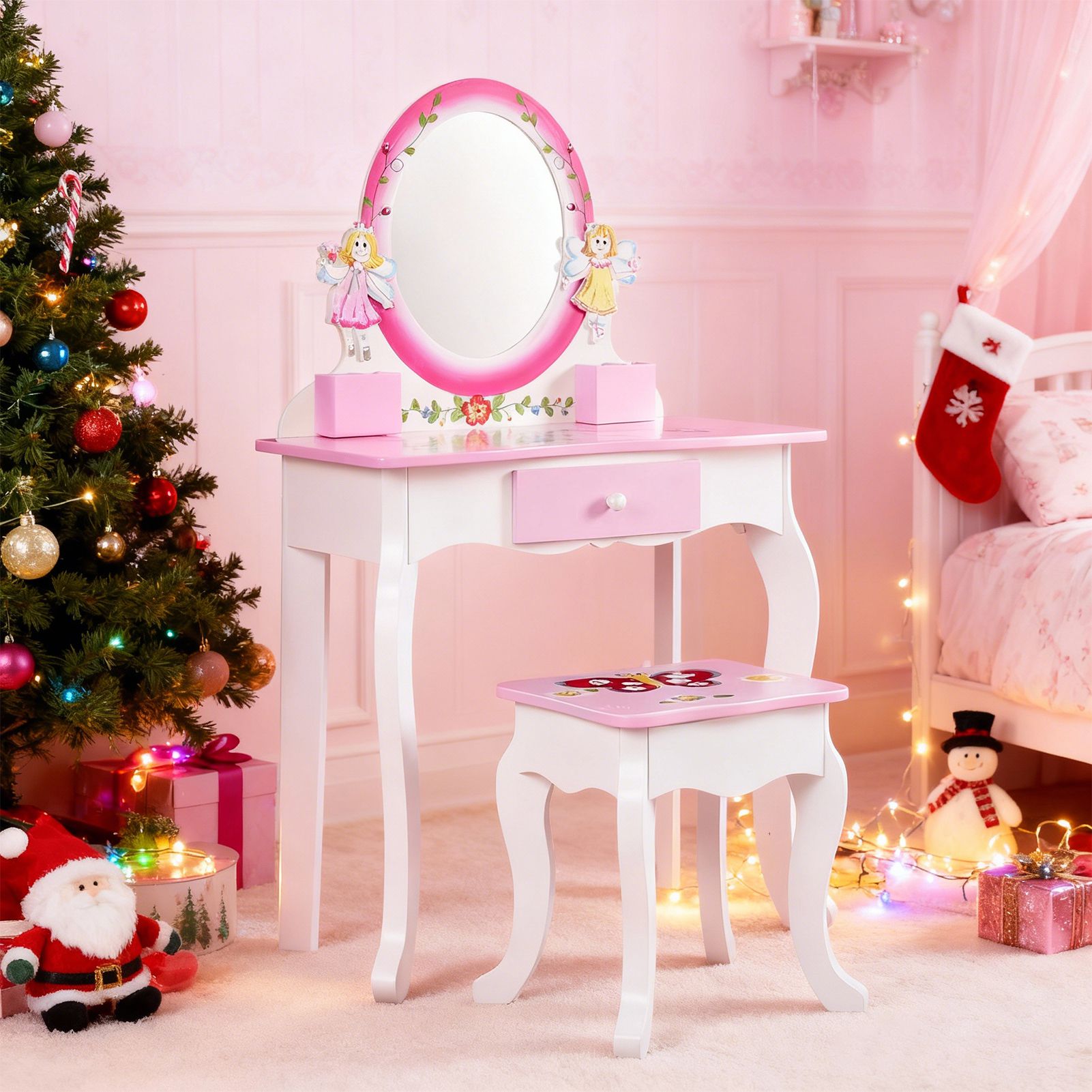 Beauty Makeup Table - Kinder-Schminktisch-Set mit Blumenmuster, Holz-Schminktisch für Prinzessinnen