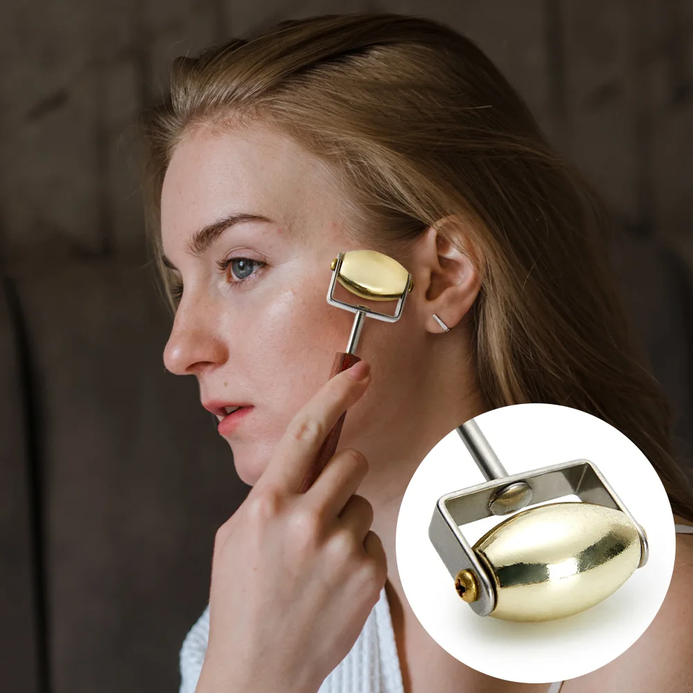 Jade Roller Gua Sha - Edelstahl-Spitzroller mit Doppelkopf, Jade-Roller mit Holzgriff,